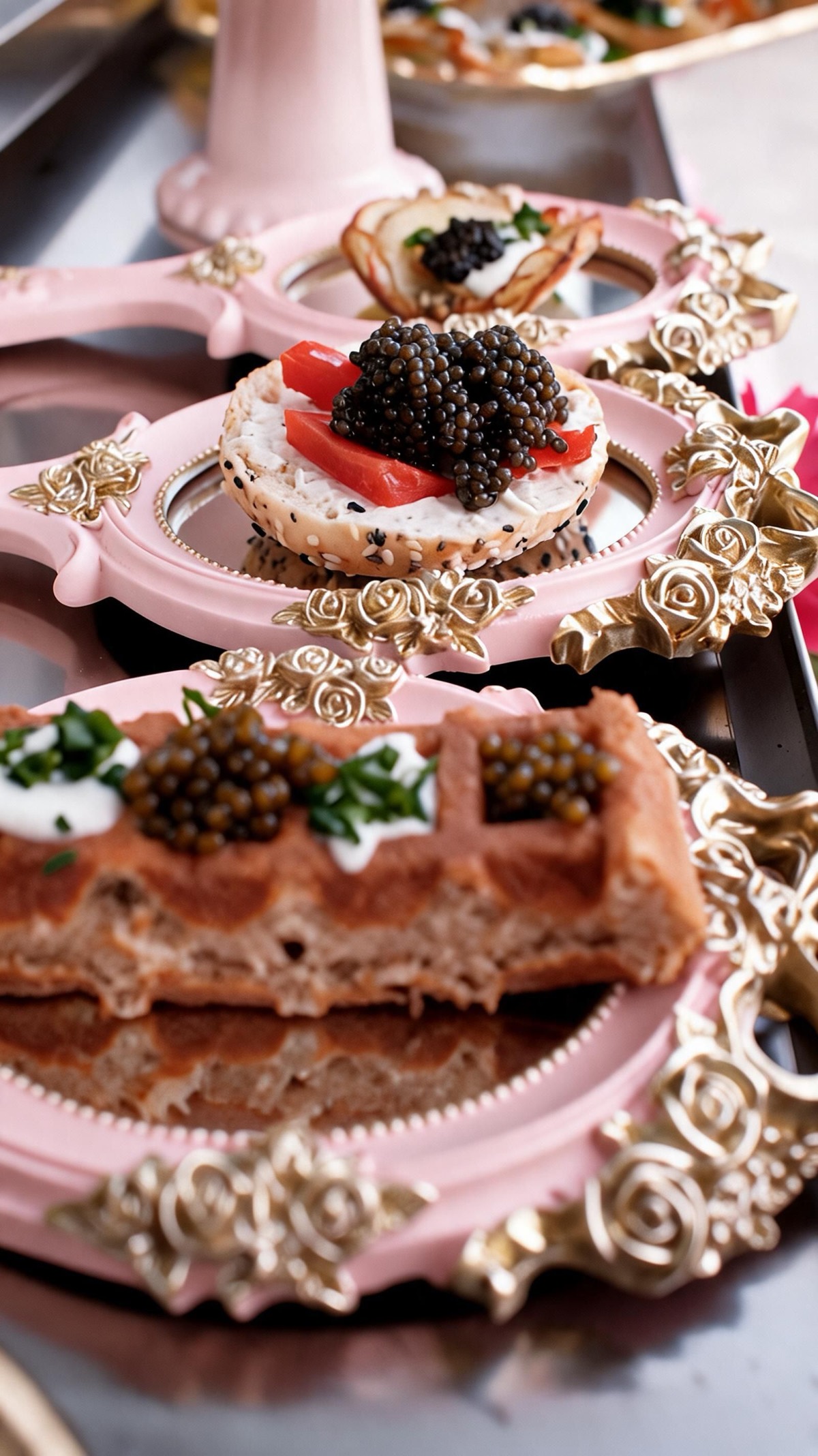 Caviar bites served on pink rose-framed hand mirrors: a bagel bite with caviar and a waffle with crème fraîche, chive and caviar