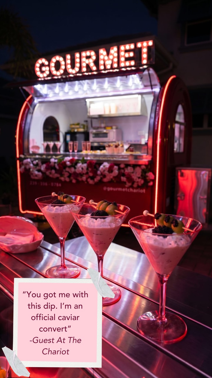 Client note over a photo of caviar martinis in front of the lit Chariot at night