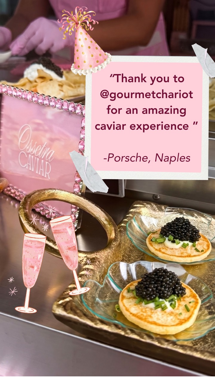Client note over a photo of blini and an Ossetra Caviar sign